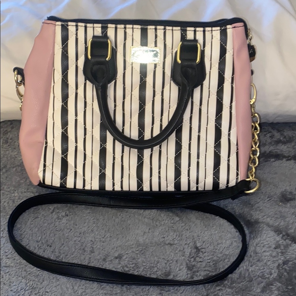 Betsy Johnson Stylish Pink and Black Striped Handbag/Crossbody